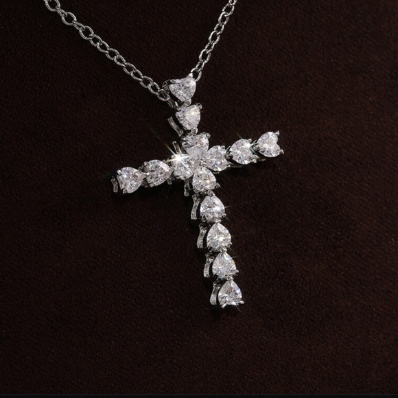 CZ Cross Pendant Silver Necklace - Picture 2 of 5